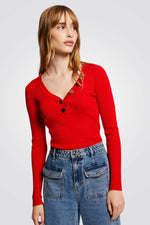 סריג צווארון וי בצבע אדום