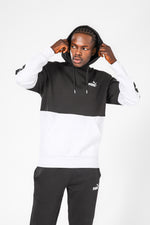 סווטשירט שחור ולבן עם כובע קפוצ’ון והדפס לוגו