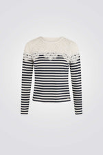 טישירט הדפס פסים בשילוב תחרה נייבי/לבן