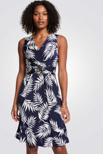 שמלת מעטפת הדפס עלים בצבע כחול כהה/לבן