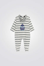 אוברול פיג'מה מקטיפה עם פסים אפור ולבן ופינגווין מקדימה