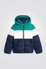 מעיל פוך עם קפוצ'ון לילדים בצבעי כחול ירוק ולבן