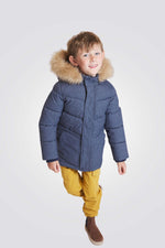 מעיל לילדים בצבע כחול ג'ינס עם כובע פרווה