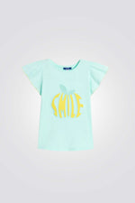 טישירט לילדות בצבע טורקיז עם הדפס בצבע צהוב