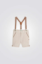 מכנסיים קצרים לתינוקות בצבע חום ופסים לבנים עם רצועות