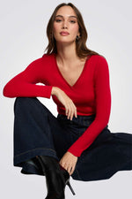 טישירט שרווך ארוך צווארון וי בצבע אדום