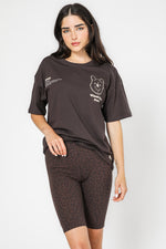 סט פיג'מה שחורה שרוול קצר וטייץ חלק קידמי