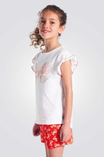 סט פיג'מה קצרה לילדות בהדפס פרפרים