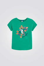 טישירט לילדות בצבע ירוק עם הדפס תוכי