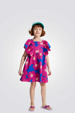 שמלה לילדות בצבע כחול עם הדפס פרחים