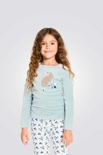 סט פיג'מה לילדות בצבע תכלת הדפס פרחוני