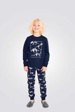 פיג'מה לילדים בצבע נייבי עם הדפס דינוזאורים