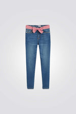 מכנסי ג'ינס לילדות עם חגורה ורודה