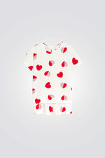 פיג'מה לילדות בצבע לבן עם הדפס לבבות