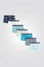 מארז 5 תחתוני בוקסר לילדים מבית המותג בצבעי כחול אפור ולבן והדפס תנינים