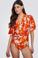 בגד ים שלם מעטפת פרחונית לנשים בצבע כתום