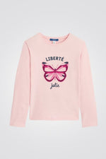 טישירט ילדות שרוול ארוך בורוד עם ריקמת פרפר ורוד