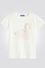 OKAIDI - טי שירט ילדותשרוול קצר לבנה עם ברבור ניטים זהב - MASHBIR//365