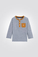 OBAIBI - טי שירט תינוקות שרוול ארוך פסים דקיקים כחול לבן וכיס קאמל - MASHBIR//365