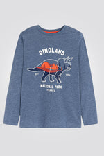 OKAIDI - טישירט ילדים שרוול ארוך כחול מלאנג' עם הדפס קרנף בכתום - MASHBIR//365