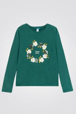 OKAIDI - טישירט ילדות שרוול ארוך ירוקה עם הדפס זר פרחים - MASHBIR//365