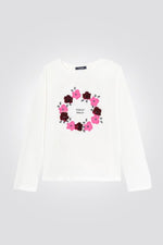 OKAIDI - טישירט ילדות שרוול ארוך לבנה עם הדפס זר פרחים - MASHBIR//365