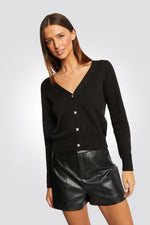 MORGAN - קרדיגן נשים וי עם כפתורי לב יהלומים בשחור - MASHBIR//365