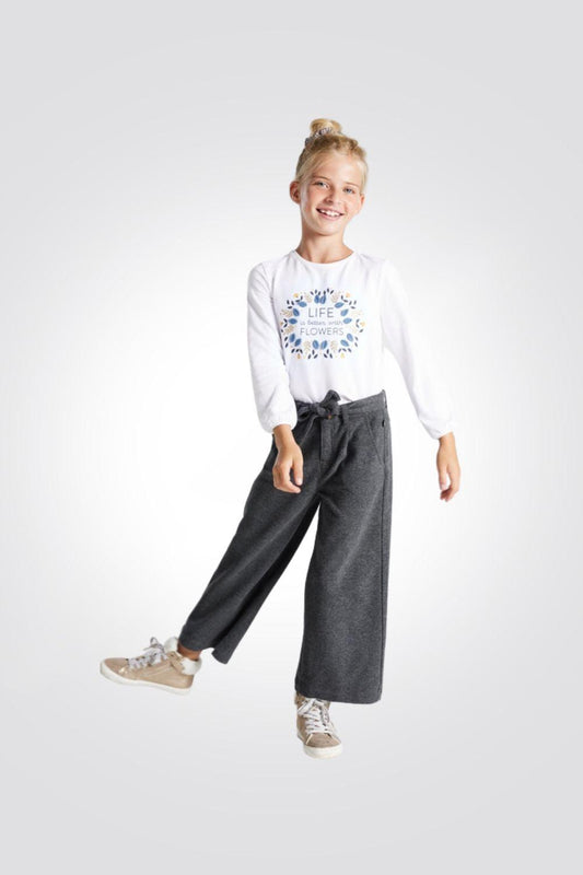 OKAIDI - מכנסיים בגזרה גבוהה ורחבה בצבע אפור כהה לילדות - MASHBIR//365