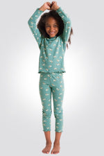 OKAIDI - סט פיג'מה ילדות שרוול ארוך בירוק אקווה עם הדפס פרחים צהובים - MASHBIR//365