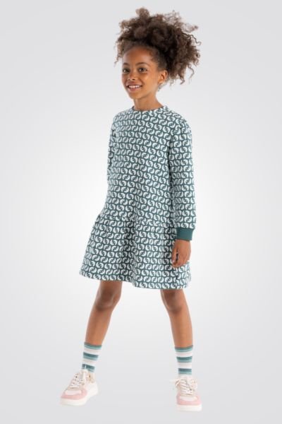 OKAIDI - שמלת ילדות שרוול ארוך הדפס ציפורים לבנות על ירוק אקווה - MASHBIR//365