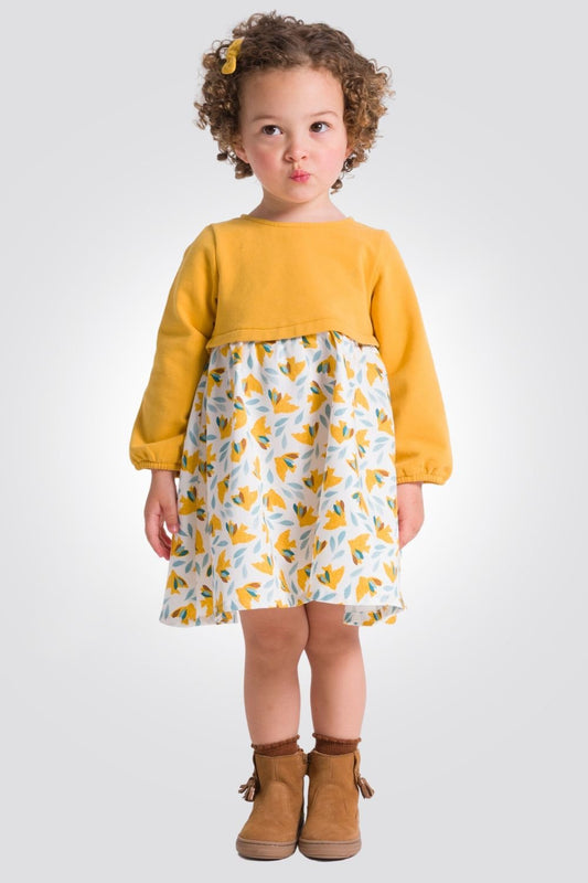 OBAIBI - שמלת תינוקות בשילוב פוטר צהוב חלק והדפס ציפורים צהובות על לבן - MASHBIR//365