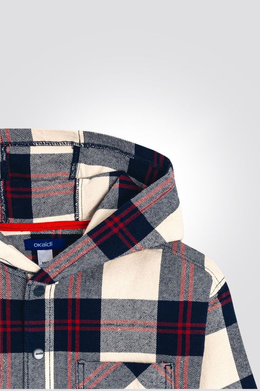 OKAIDI - חולצת ג'קט ילדים פלאנל משובץ אדום כחול לבן עם קאפושון - MASHBIR//365
