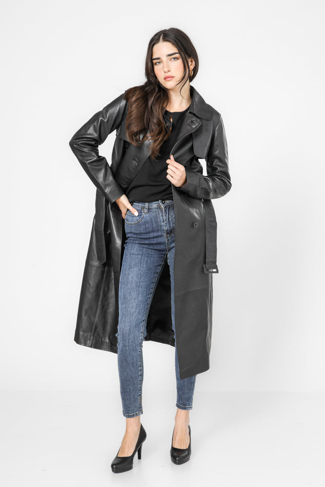 מעיל טרנץ' עור שחור