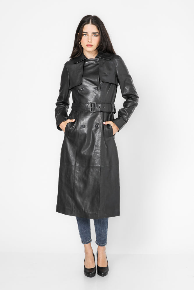 מעיל טרנץ' עור שחור