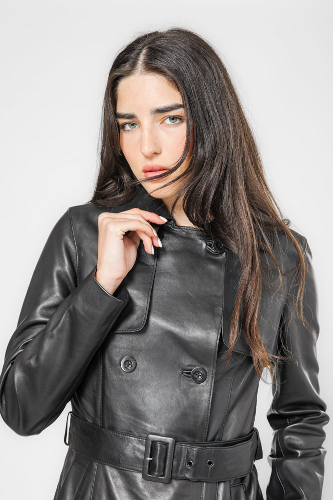 מעיל טרנץ' עור שחור