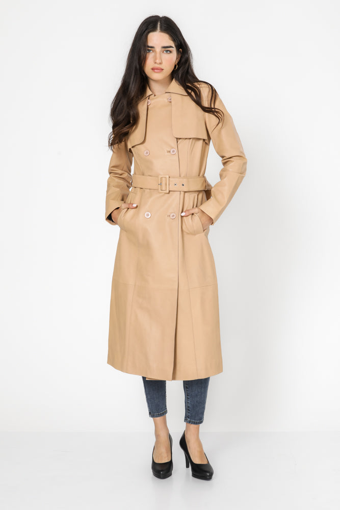 מעיל טרנץ' עור בז'