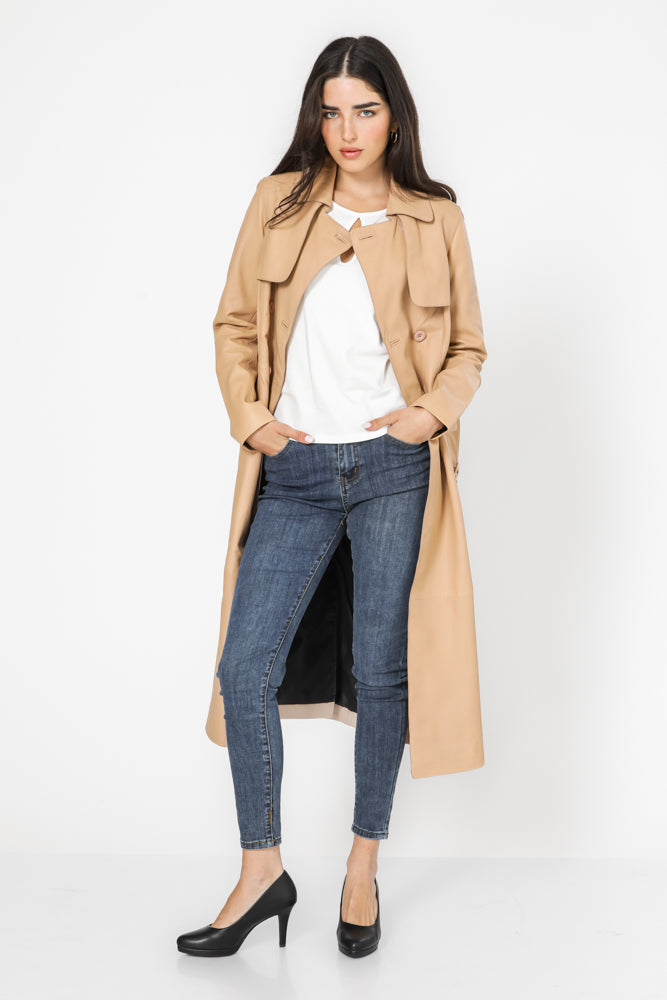 מעיל טרנץ' עור בז'