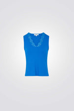 טופ במראה ריב צווארון וי תחרה בצבע כחול רויאל