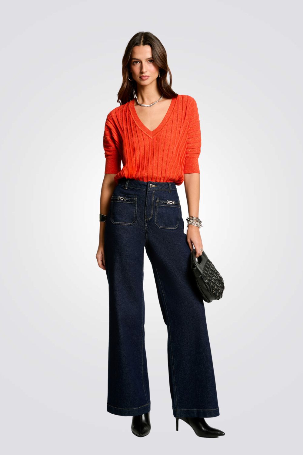 סריג שרוולים קצרים צווארון וי בצבע כתום