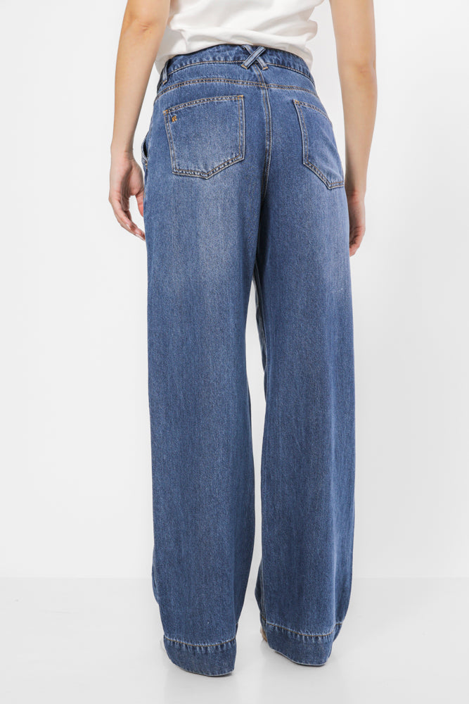 מכנס דנים רגל רחבה בצבע כחול