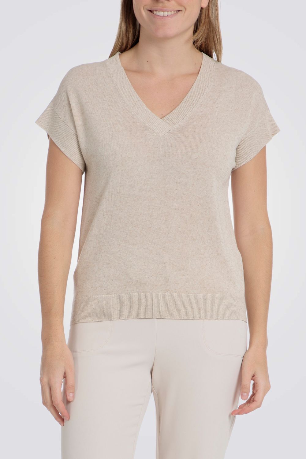 סריג דק שרוולים קצרים בצבע בז' מלאנז'