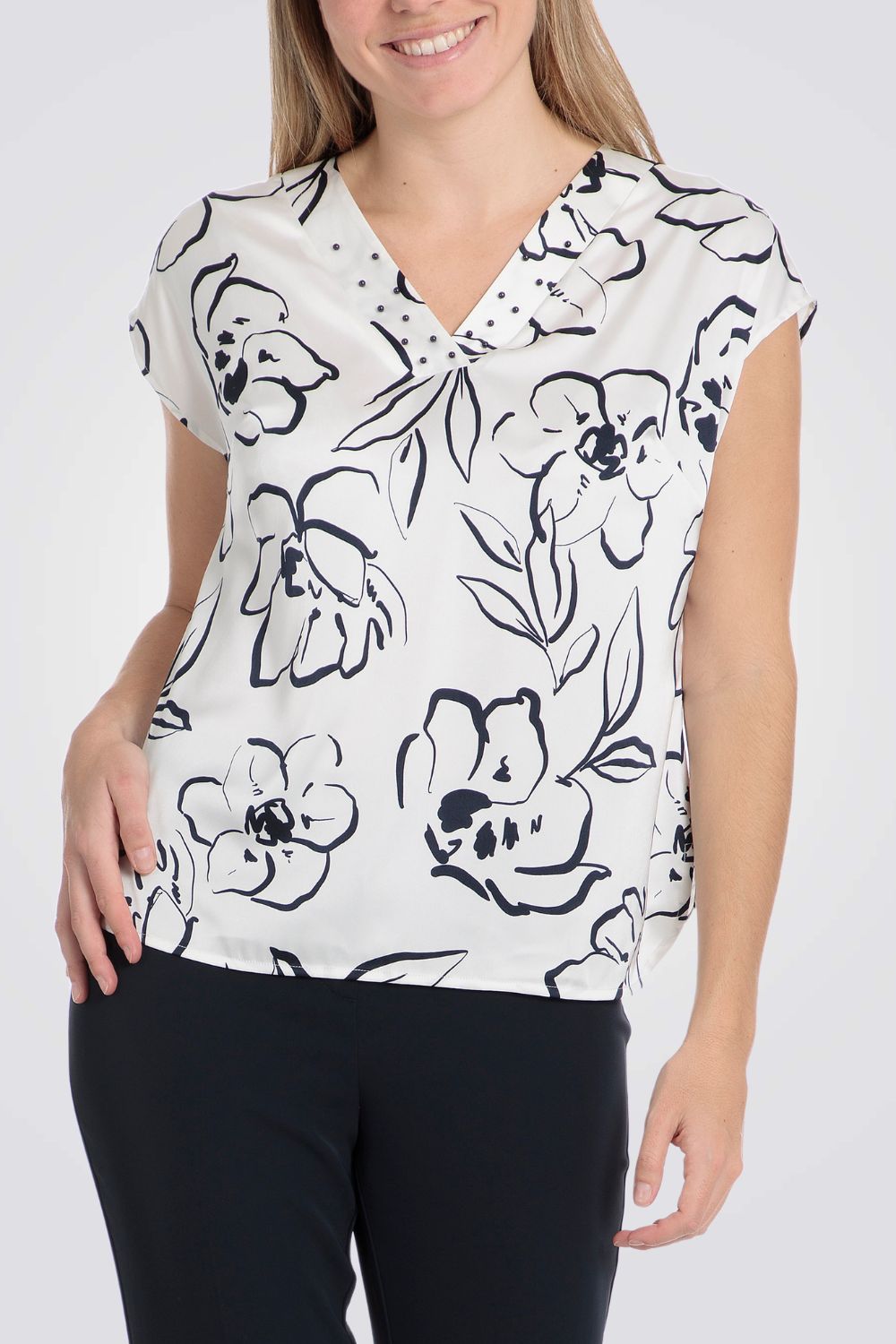 חולצה הדפס פרחים בצבע לבן/נייבי