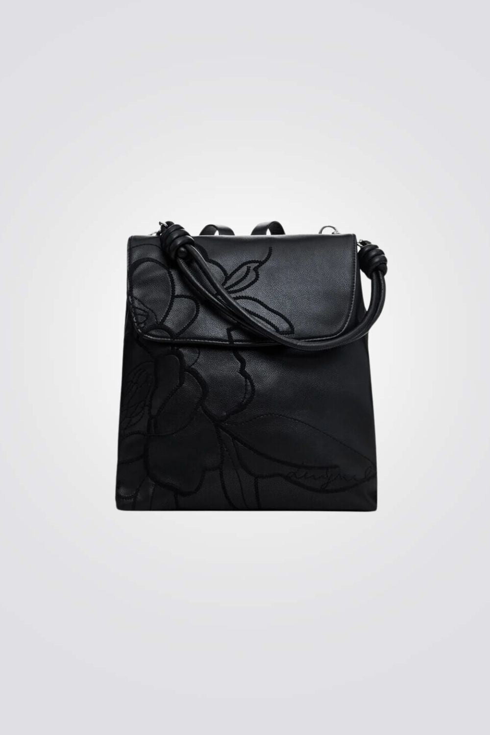 תיק גב מיני דמוי עור בצבע שחור רקמה פרחונית