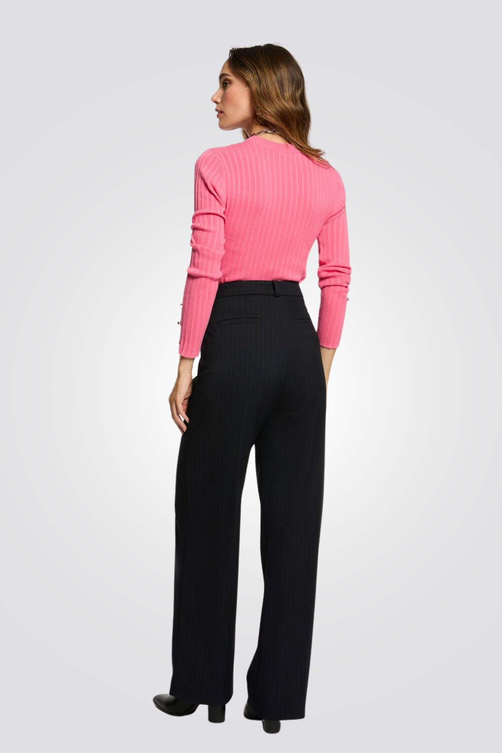 מכנסיים ארוכים בגזרה גבוה בצבע כחול כהה | מורגן 