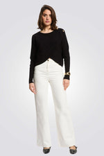 חולצת סריג שחורה עם כפתורי כתף לנשים | מורגן