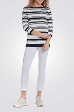 סריג שרוולי שלושת רבעי הדפס פסים בצבע לבן/נייבי