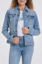 ג'קט ג'ינס עיטור פרחוני עם פנינים