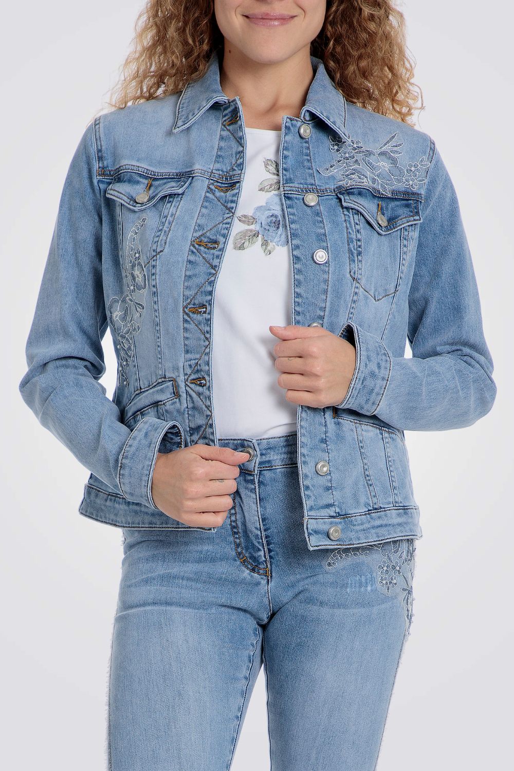 ג'קט ג'ינס עיטור פרחוני עם פנינים