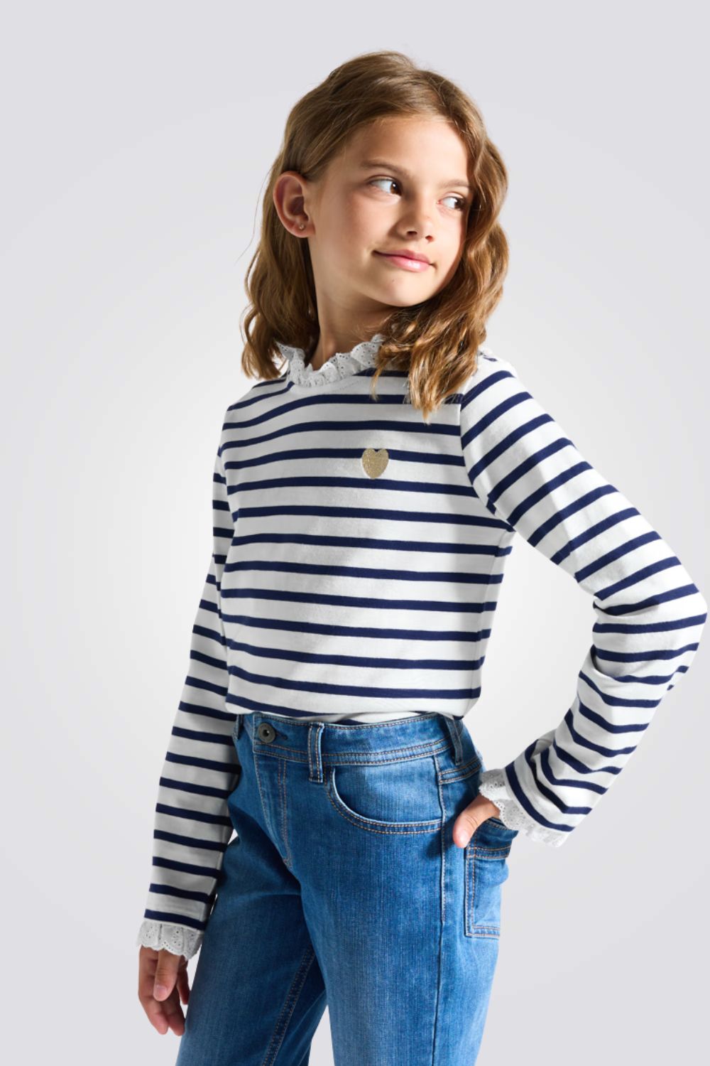 טישירט פסים ארוכה בשילוב תחרה | אוקיידי