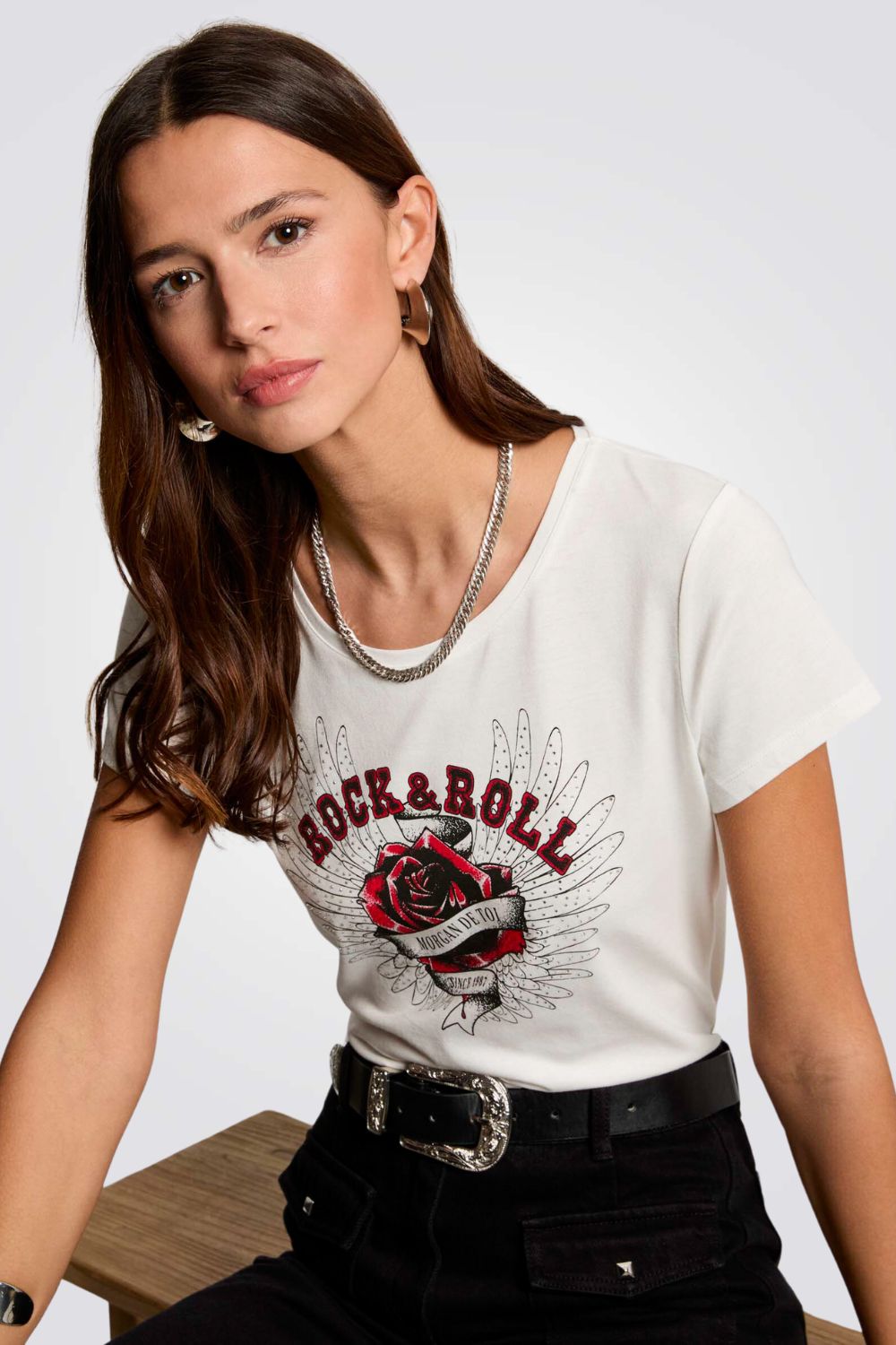 טישירט הדפס בחזית ROCK & ROLL
